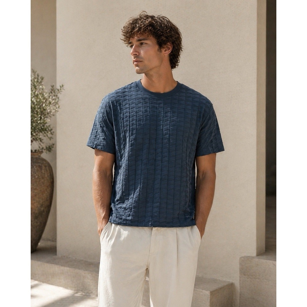 Emporio Armani Textured Knit T Shirt Blue Geometric Italy Designer $248
